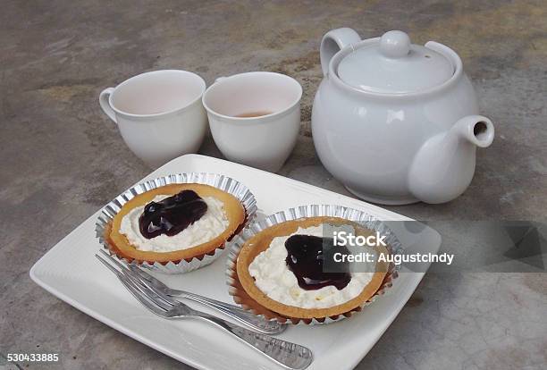 Blueberry Cheese Pie With White Kettle And Tea Cup Stock Photo - Download Image Now - Afternoon Tea, Baking, Blueberry
