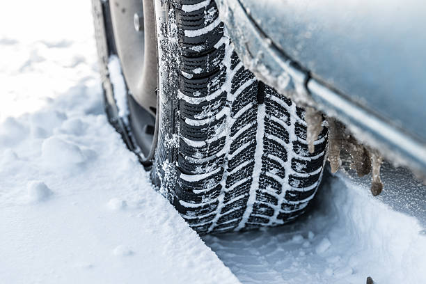 istock Car tires on winter road 530434325
