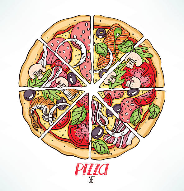 ilustrações de stock, clip art, desenhos animados e ícones de pizza com diferentes recheio - pepperoni pizza green olive italian cuisine tomato sauce
