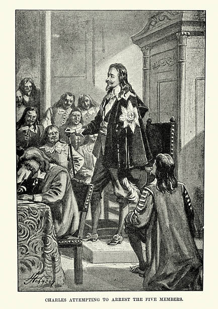 Vintage engraving of a scene from the English Civil War. King Charles I attempting to arrest the five Members of Parliament