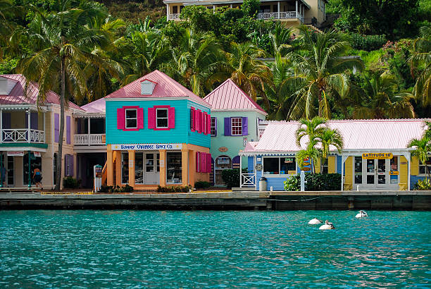 Image shows colourful buildings on the waterfront of Soper's Hole,Tortolla, BVI, taken in full sunlight with sub-tropical trees in the background