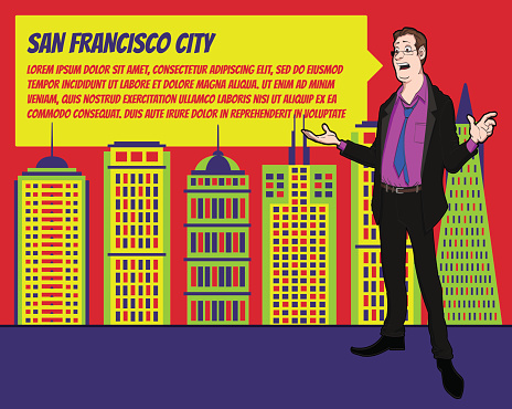Presentation on background of city.  Businees man in the suit. Character with bubble talk. Speech presentation of business product, project, speech at conference. Conference in San Francisco