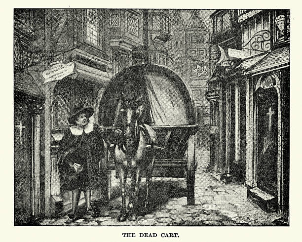 Great Plague of London - The Dead Cart Vintage engraving of a dead cart collecting the bobies of plague victims during the Great Plague of London. The Great Plague, lasting from 1665 to 1666, was the last major epidemic of the bubonic plague to occur in England. epidemic stock illustrations
