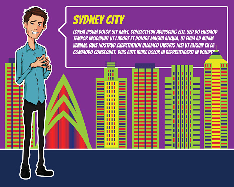 Presentation on background of city.  Businees man in the suit. Character with bubble talk. Speech presentation of business product, project, speech at conference. Conference in Sydney