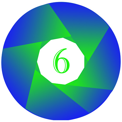 Number six in circle on white background.