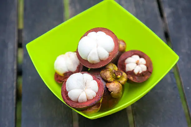 mangosteens in a plate, close up image