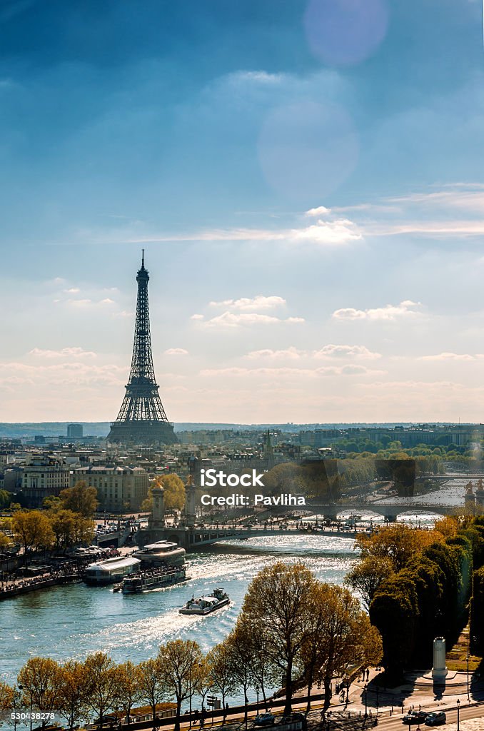 Eiffel Tower on the Seine river in Paris,France Panoramic view of the Eiffel Tower in Paris, which stands beautifully on the Seine river. The Eiffel Tower is one the most iconic monument of the World and attracts annually millions of visitors worldwide of its architecture and romance.Lens flare, Paris,France,Nikon D3x Architecture Stock Photo