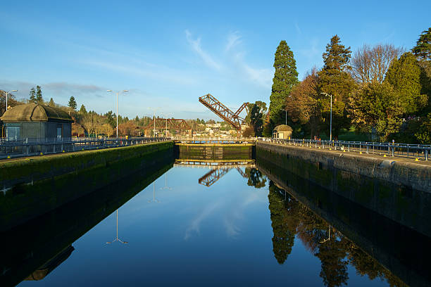Hiram M Chittenden Locks (Ballard Locks) Seattle, USA - February 25, 2016: The larger of the two locks (80'x825') at the Hiram M Chittenden Locks in Seattle, WA. The Salmon Bay Bridge, a bascule type drawbridge on the BNSF railroad line is raised in the background. ballard-seattle stock pictures, royalty-free photos & images