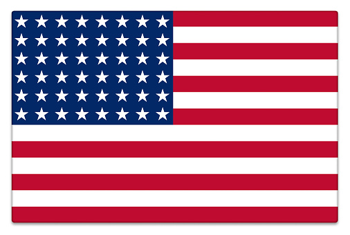 Gloss 48 star US flag on white with subtle shadow.