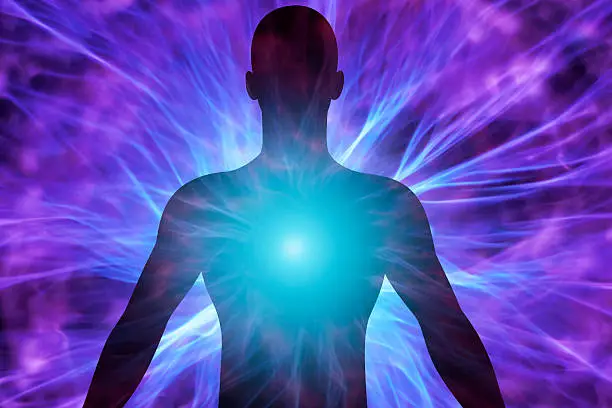 illustration of human body with energy beams