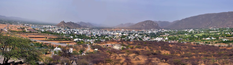 Panorama shot - Bird eye view of Pushkar City - Rajasthan - India, Holy Hindu City. It is a sacred pilgrimage destination for Hindus
