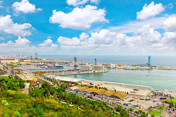 Panorama on Barcelona Seaport from Montjuic castle.