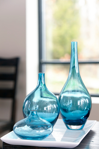 Home fashion shot of Blue, Clear vases.