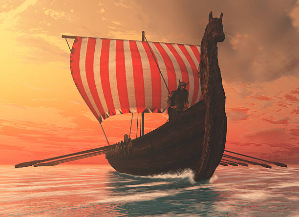 viking hombre y longship - drakkar fotografías e imágenes de stock