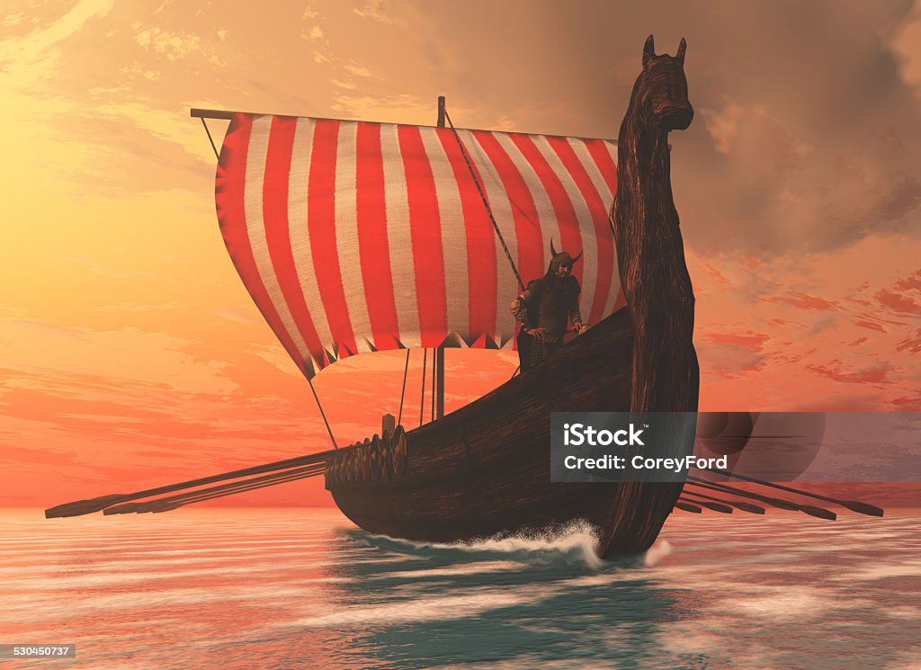 Viking Man and Longship A Viking longboat sails to new shores for trading and companionship. Viking Ship Stock Photo