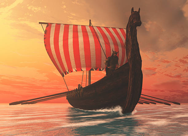 Viking Man and Longship A Viking longboat sails to new shores for trading and companionship. mast sailing photos stock pictures, royalty-free photos & images