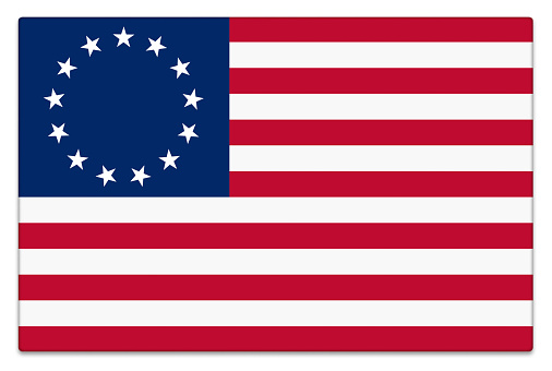 Gloss US Betsy Ross flag on white with subtle shadow.