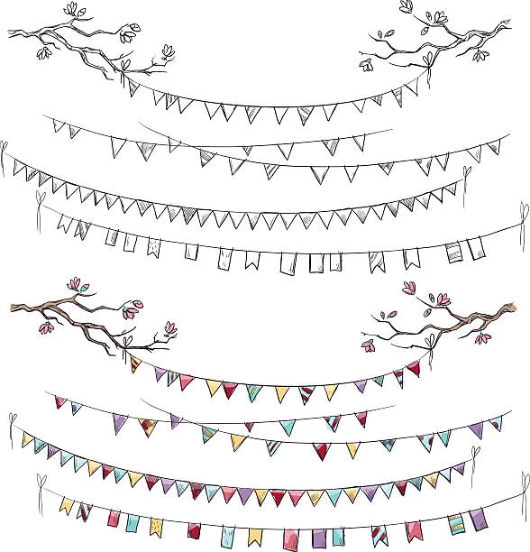 doodle baum zweige und party flags. girlanden. dekoration. vektor-illustration. - flag pennant party carnival stock-grafiken, -clipart, -cartoons und -symbole