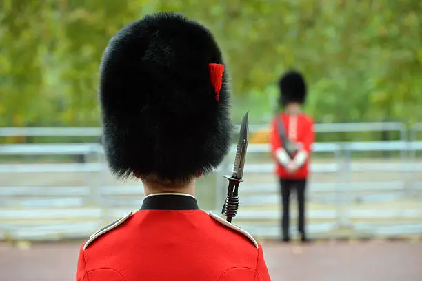 Two guardsmen in traditional bearskins on duty in London