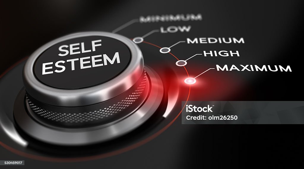 Self Esteem Switch button positioned on the word maximum, black background and red light. Conceptual image for illustration of self esteem. Confidence Stock Photo