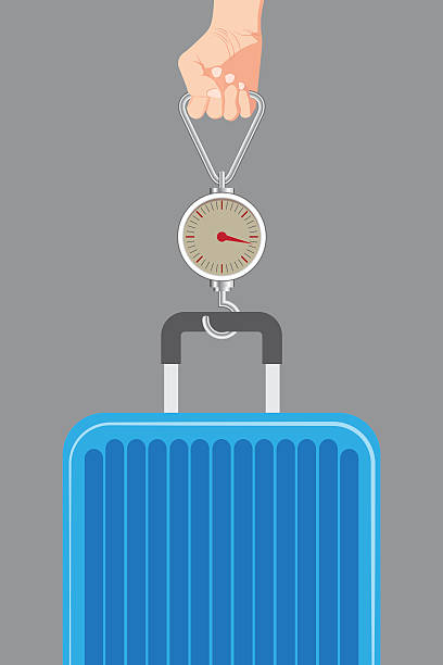 istock illustration of Hand luggage measurement using steelyard weight vector. 530466415