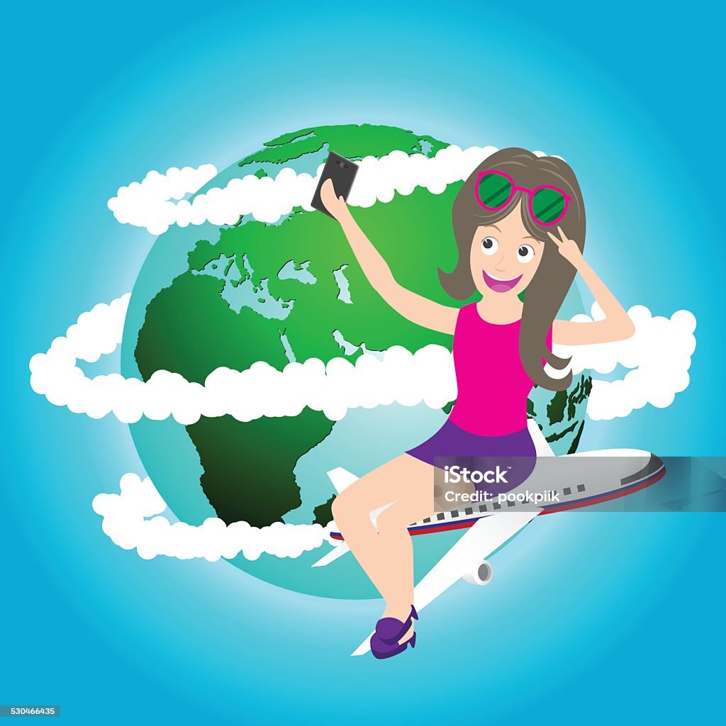 travel girl sitting on airplane taking selfie, map by NASA travel girl sitting on airplane and taking selfie with cell phone, Elements of earth map Furnished by NASA. Adult stock vector