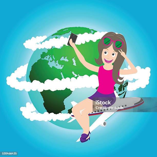 Travel Girl Sitting On Airplane Taking Selfie Map By Nasa Stock Illustration - Download Image Now