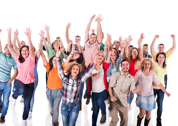 istock Cheerful group of young people with raised hands. 530466999
