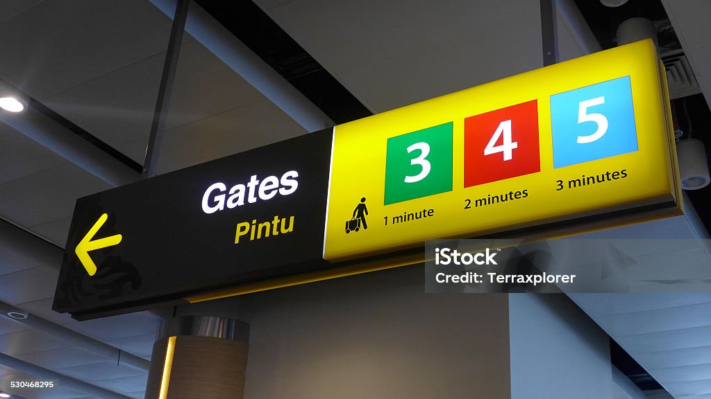 Gate Sign inside Airport Close up of airport guide post, Bali, Indonesia. Airport Stock Photo