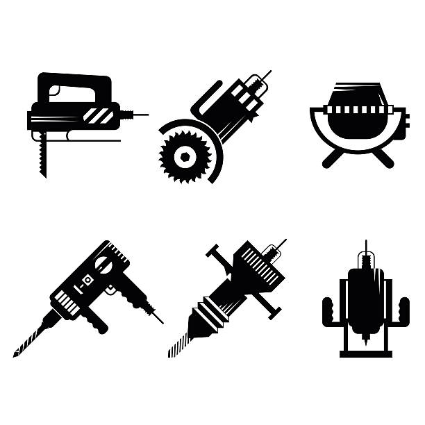 ilustrações, clipart, desenhos animados e ícones de black icons vector coleção de equipamentos de construção - hand drill work tool white white background