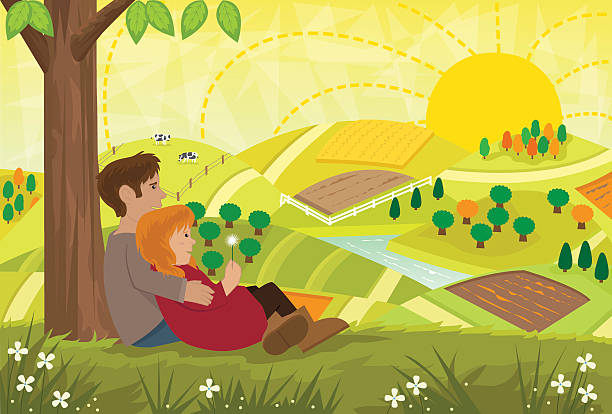 Romantic Landscape Young couple are sitting under a tree and looking at a beautiful landscape. Eps person sitting on fence stock illustrations