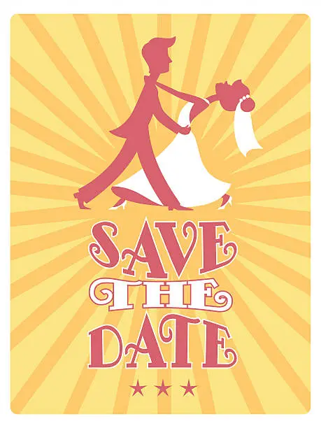 Vector illustration of Bride and Groom dancing Save the Date card.