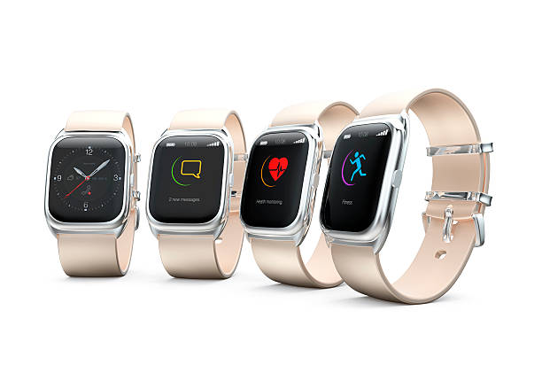 Stylish smart watches with different apps on white background