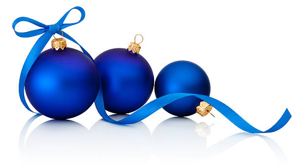 istock Three Blue Christmas balls with ribbon bow Isolated on white 530472523