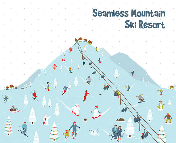 Cartoon Mountain Ski Resort Seamless Border Pattern Mountain skiing background border resort with people. Vector illustration. kids snow suits stock illustrations