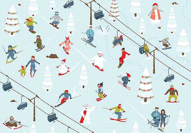 Ski Resort Seamless Pattern with Snowboarders and Skiers Mountain skiing background winter resort with people Vector illustration. kids snow suits stock illustrations