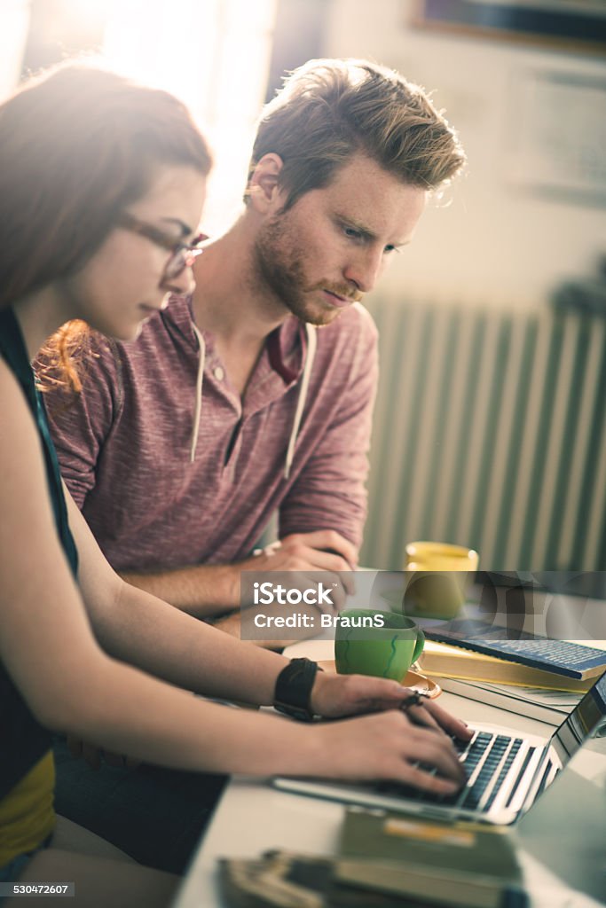 Two creative people using computer. Young ginger couple using laptop together. Adult Stock Photo