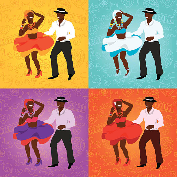 Salsa dancing poster for the party. Cuban couple, palms, musical vector art illustration