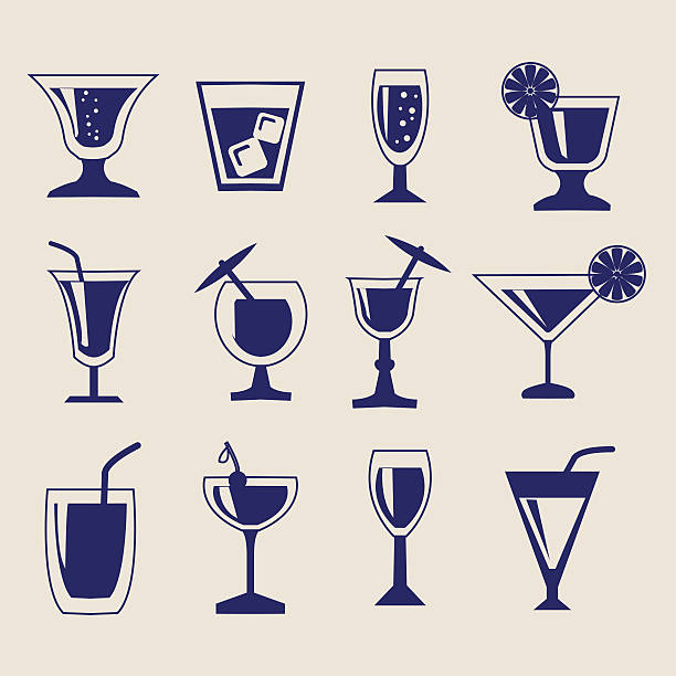 ilustraciones, imágenes clip art, dibujos animados e iconos de stock de conjunto de icono de bebidas - drink umbrella cocktail glass isolated