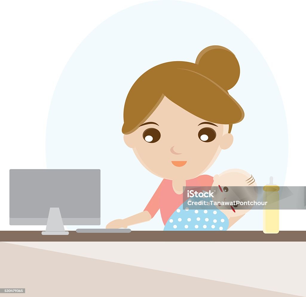 Working at home, Working at home, Mother and baby in front of computer.vector design illustration. Adult stock vector