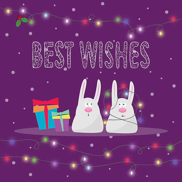 ilustraciones, imágenes clip art, dibujos animados e iconos de stock de conejos a mano dibujo mejores deseos y las luces de invierno navidad tarjeta - mirth