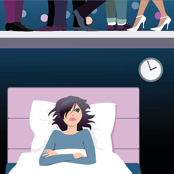 Noisy neighbors upstairs Woman lying sleepless in her bed late at night, her upstairs neighbors are having a party, vector illustration woman feet bed stock illustrations