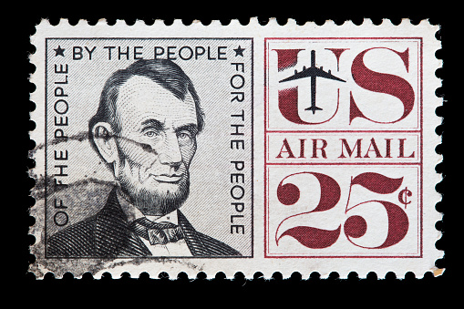 UNITED STATES OF AMERICA - CIRCA 1960: A used air mail postage stamp printed in United States shows the President Abraham Lincoln, circa 1960