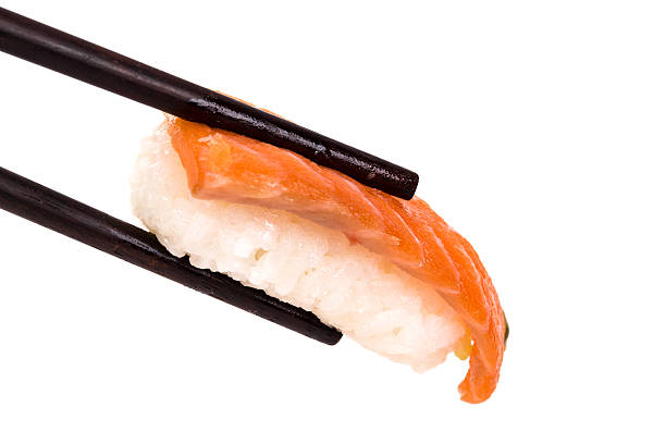 istock Salmon sushi nigiri on white background 530483101