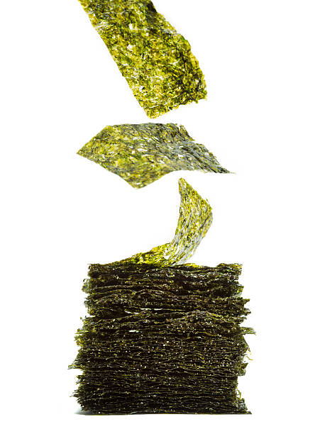 Roasted seaweed sheets Gim or Kim is Korean roasted seaweed cut into squares on white isolated against a white background. nori edible seaweed sheet stock pictures, royalty-free photos & images