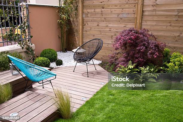 Modern Wood Terrace And Garden Stock Photo - Download Image Now - Vegetable Garden, Small, Ornamental Garden