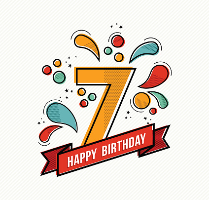 Happy birthday number 7, greeting card for seven year in modern flat line art with colorful geometric shapes. Anniversary party invitation, congratulations or celebration design. EPS10 vector.