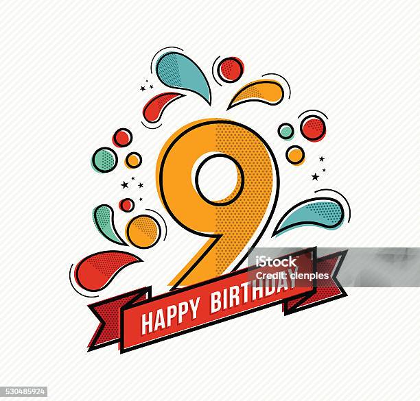 Colorful Happy Birthday Number 9 Flat Line Design Stock Illustration - Download Image Now - 8-9 Years, Number 9, Birthday