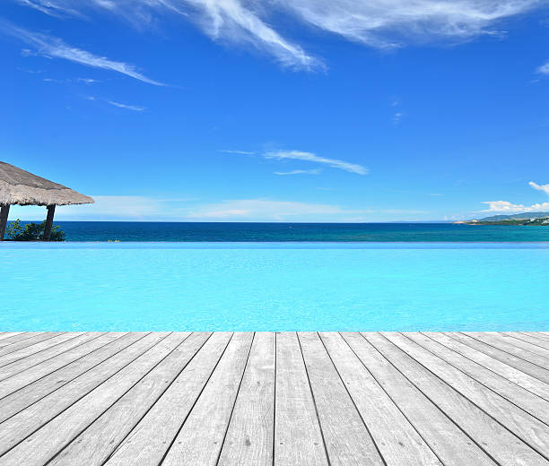 Tropical resort hotel swimming pool with empty wooden platform
