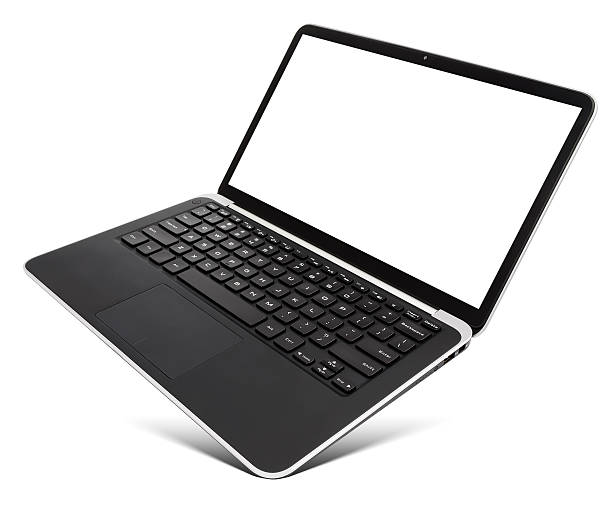 Hovering aluminium laptop with blank screen, isolated on a white stock photo